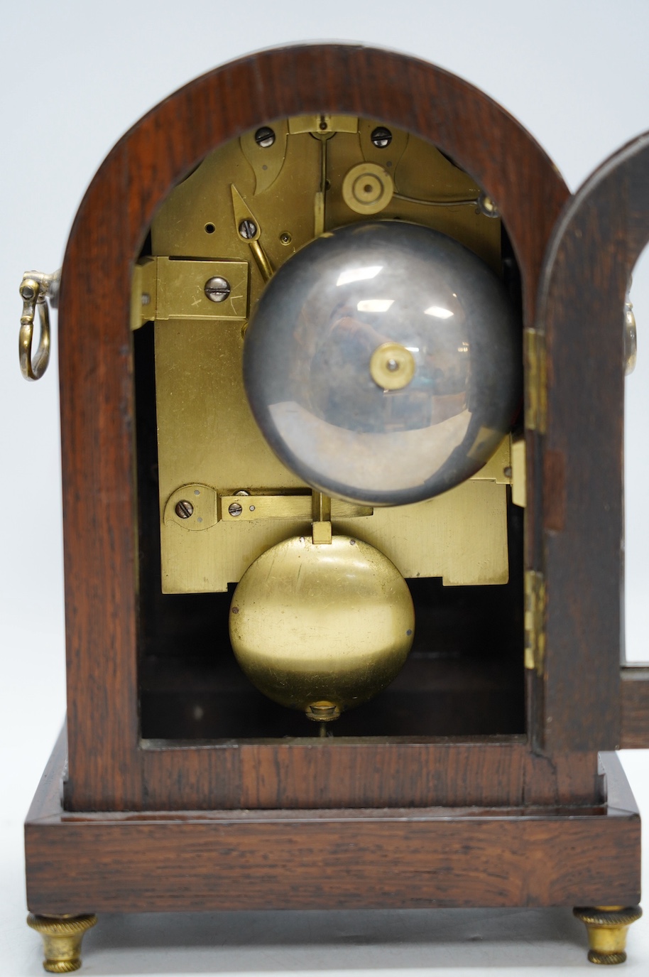 A rosewood brass inlaid eight day mantel clock with enamel dial inscribed Gantheny, Cheapside, with pendulum, no key, 22cm high. Condition - fair to good, not tested as working